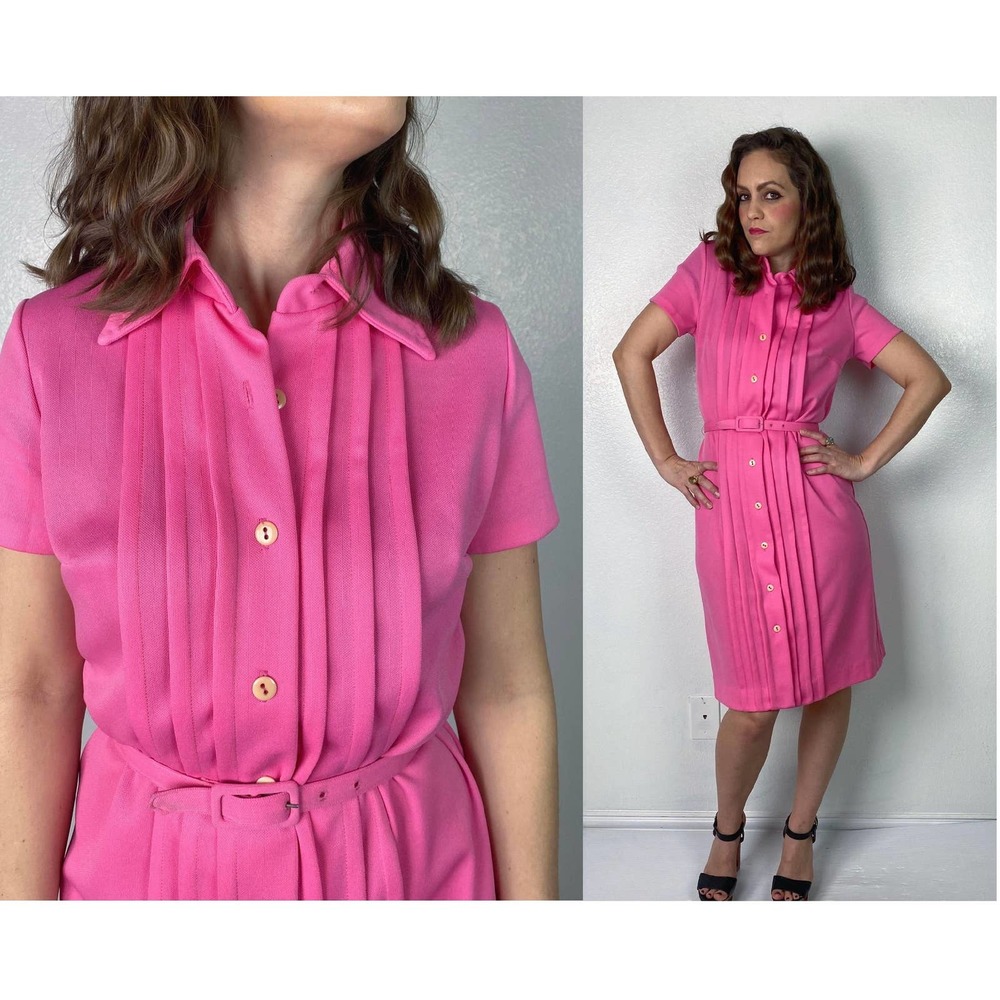vintage 60s BUBBLEGUM PINK Belted Pleated DRESS Small mod space age Twiggy retro